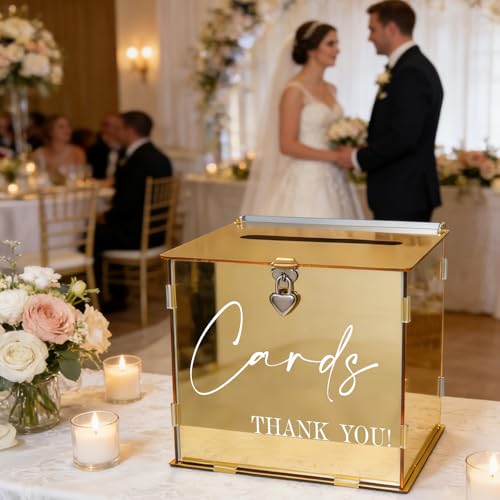 Gold Acrylic Card Box with Lock & Slot, Classy Golden Wedding Card Boxes for Reception, Luxury Monetary Envelope Gift Box for Party Graduation Birthday Anniversary Baby Shower All Occasions - color: Golden
