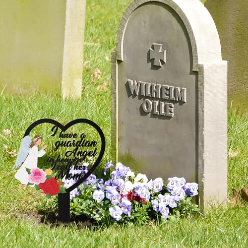 BUoonyer Stake Graves Cemetery Decorations - Mom Metal Memorial Grave Marker, Mother Heart Graveyard Sympathy Plaque, Angel Flower Remembrance Graveside Burial Decor Sign for Outside Yard Garden - style: Angel Mom
