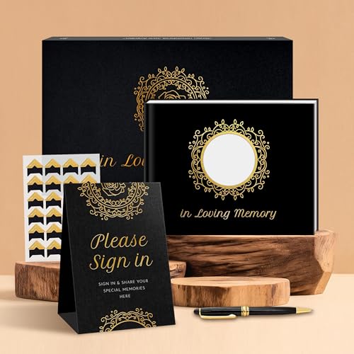 Funeral Guest Book – Black Memorial Guest Book for Funeral, “in Loving Memory” Gold Foil Sign in Book, Photo Slot Cover, 120 Pages, Pen & Stand Included