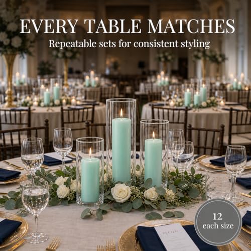 Yummi Set of 36 Slim Pillar Candles and Cylinder Vases - Blue Jade - color: Blue Jade