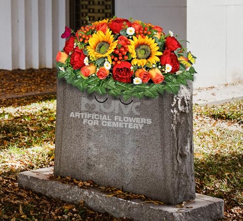 MUVIC Artificial Cemetery Flowers for Outdoor Grave Decorations - Sympathy Headstone Flower Saddle - Realistic Sunflower Rose
