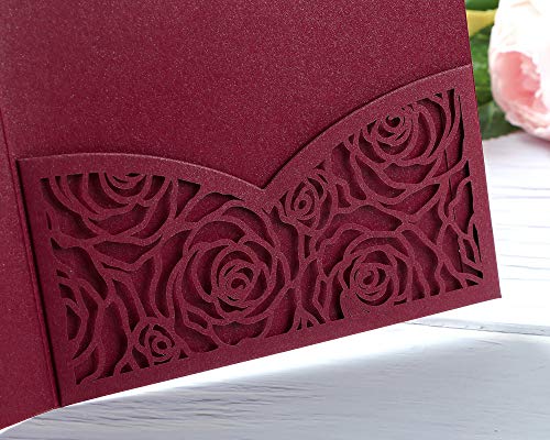 20 Pcs Laser Cut Wedding Invitations Card Pocket with Envelope for Birthday Party Baby or Bride Shower Invite suitable for 5 * 7 Inches Insert Paper (Burgundy) - color: Burgundy