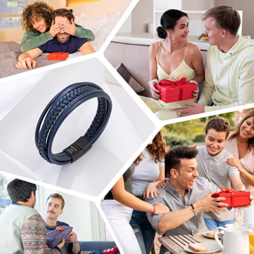 Mens Leather Bracelet with Clasp Cowhide Multi-Layer Braided Leather Mens Bracelet - style: Dark Blue&Black Clasp 8.5