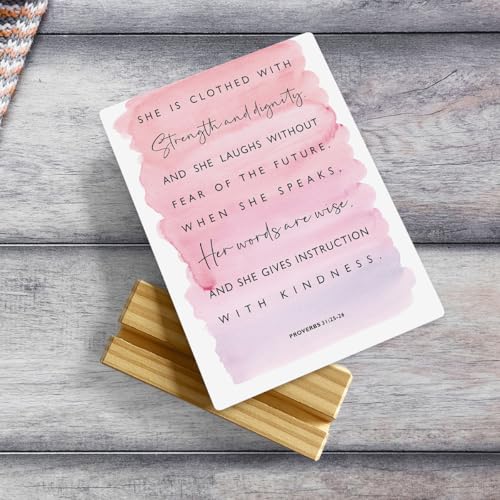 MUBIAO Inspirational Bible Verse Rustic Wooden Plaque with Stand, Proverbs 31:25-26, 4x5 Inches, Wood Material - color: Multicolor459