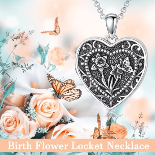 PELOVNY Birth Flower Locket Necklace for Women 925 Sterling Silver Flower Butterfly Heart Photo Locket Pendant Birthday Christmas Jewelry Gifts for Mom Daughter Wife Sister - color: 03-Daffodils