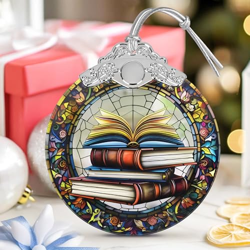 Book Lovers Gifts: Stained Glass Book Ornaments for Christmas Tree - color: Stacked Book