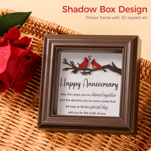 LukieJac Anniversary Cardinal Gifts for Couple - Romantic Anniversario Gift Ideas Wooden Shadow Box Frame for Friends, Sister, Parents, Couples, Grandparents Anniversary Keepsake - color: Cardinal - Happy Anniversary