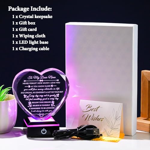 Arikyrist Niece Gifts from Auntie Uncle with Colorful LED Base, Inspirational Birthday Graduation Gifts for Niece from Aunt, Heart Crystal keepsake To My Nieces Present on Christmas - style: Niece Gifts + Light Base