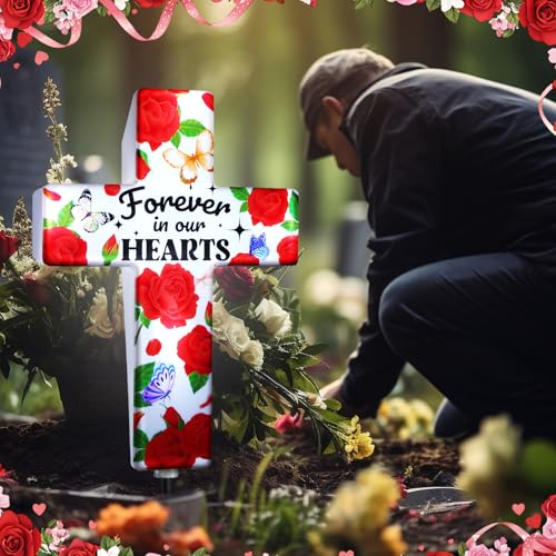 Qunclay Solar Cross Grave Lights Women Grave Decorations with Red Rose Flowers Waterproof Memorial Cross Stake Solar Powered Light Outdoor Yard Patio Sympathy Gifts for Loss of Loved One