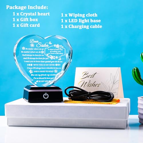 YWHL Sister Birthday Gifts from Sister Brother to My Sisters Crystal Heart Keepsake with Colorful Light Base Soul Sister Gifts for Women for Christmas Mother's Day - color: Sister Gifts