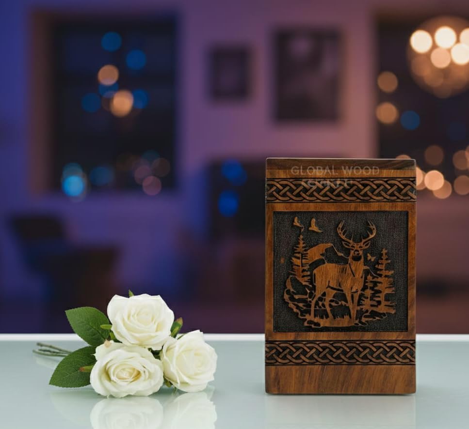Handcrafted Wooden Cremation Urn for Ashes – Premium Polished Wood with Engraved Deer & Forest Design, Celtic Knot Detailing – Memorial Urn for Human Ashes, Keepsake