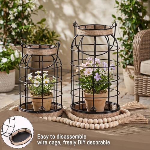 Rustic Farmhouse Candle Lantern, 2Pcs Decorative Lantern Decor with Candles | Set of 2 rustic farmhouse lantern set with candles and wood bead accents for fireplace, porch, patio and tabletop decor
