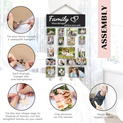 Family Collage Picture Frames,Housewarming Gifts | Gifts for Family Members Hanging Photo Display,Where Life Begins and Love Never Ends Wood Hanging Photo Holder for Wall - color: Family