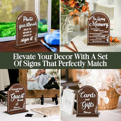 STOFINITY Rustic Wedding Signs, Set of 4 Wood Table Signs for Reception | Photo guestbook sign, gifts and cards sign, please sign our guest book, in loving memory plaque, wood build - color: Set 4