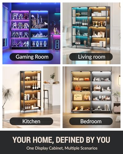 Glass Display Cabinet with Doors, 4-Tier Display Case with Adjustable Shelves, RGB LED Lights with App & Remote Control, Curio Storage Cabinet with Metal Base for Collectibles, Books, Black