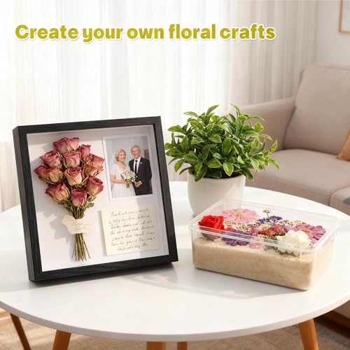 Lewtemi DIY Frame Craft Kit, Silica Gel Flower Drying with Container and 8x8 Shadow Box Frame Set, DIY Wedding Bouquet, Graduation Gift, Flower Preservation Kit Memory Display Case