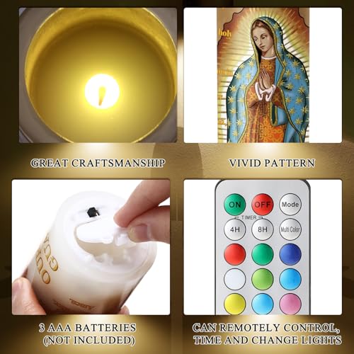 Landhoow 2 Pcs Religious Flameless LED Prayer Candle Real Wax Baptism Candle Set Our Lady of Guadalupe and St. Jude Battery Operated Candles with Remote Control - style: Our Lady of Guadalupe and St. Jude