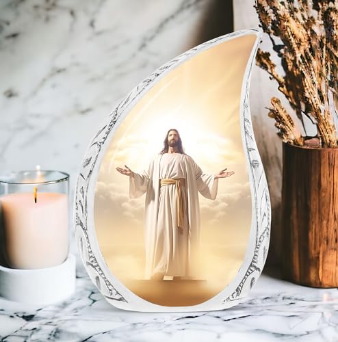 Jesus Christ Large Urns for Human Ashes Adult Female - Cremation Urn for Human Ashes Adult Male - Burial Gift for Remains - 10inch & 200 Cubic Inches Capacity Include Velvet Bag - color: Jesus Christ in Front of the Holy Cross in Sky