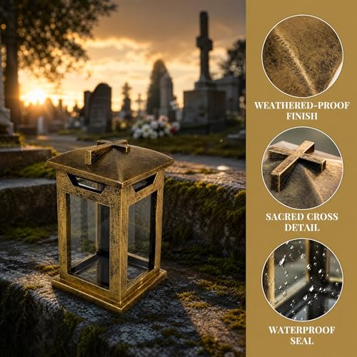 Cross Memorial Lantern - Antique Copper Resin Outdoor Cemetery Lantern with Real Glass, Christian Sympathy Gift for Loss of Loved One