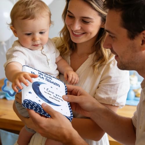 QOUBAI Baby's My First Family Album Soft Photo Cloth Book Holds 4x6 Family Pictures My First Book of Photos Baby Memory Album Gender Neutral Gift for Babies Newborn Toddler Baby Shower Moon - style: Love You to the Moon