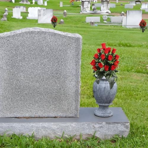 IPOPU 2 Sets Artificial Cemetery Flowers Grave Flowers with Vase, Gravesite Memorial Flowers for Cemetery Lasting and Non-Bleed Colors(Red) - color: Red