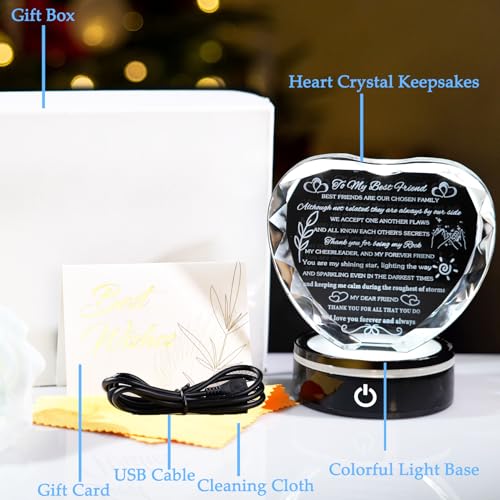YWHL Best Friend Birthday Gifts with LED Base Crystal Heart Keepsakes Friendship Gifts for Women Best Gift Ideas for Bestie Friends Female BFF Gift for Her - style: Best Friend Gifts+LED Style 2