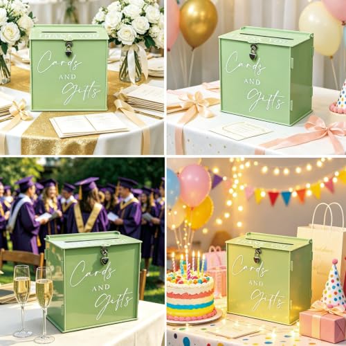 Acrylic Card Box with Lock & Slot, Sage Green Money Gift Card Box for Wedding Reception, Cash Envelope Box Ideal for Graduation Bridal Baby Shower Engagement & Anniversary Party Supplies - color: Sage Green