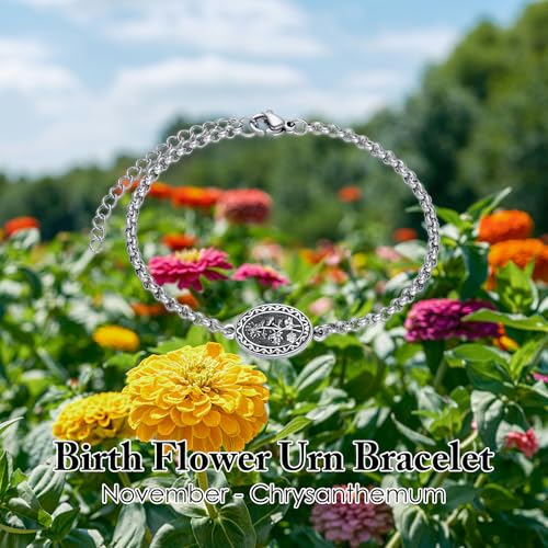 Birth Flower Urn Bracelet for Ashes for Women 925 Sterling Silver Cremation Bracelet Memorial Keepsake Jewelry for Human Ashes - style: 11-November-Chrysanthemum-Custom