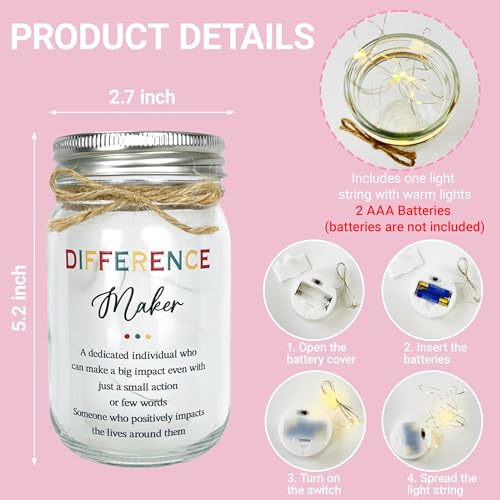 Inspirational Difference Maker Gifts for Women - Mason Jar Light Decor - Teacher Appreciation Gifts Thank You Gratitude Gift for Nurse, Boss, Coworker, Employee - style: Difference Maker