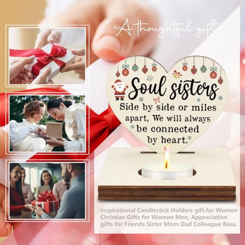 Soul Sisters Christmas Candle Holder, Thank You Friend Bestie Gifts, Long Distance Friendship Keepsake for Sister Best Friend, Connected by Heart Christmas Keepsake Candlestick Holders-LATZ09 - color: Wood Soul Sisters