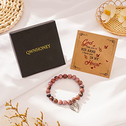 QWNHONEY Memorial Gifts for Loss of Loved Sympathy Remembrance In Memory of Mother Father Pet Bereavement Grief Pink Red Beads Bracelet with Angle Wings Jewelry Gifts for Women - style: Redbean-Wings-A piece of my heart is in Heaven
