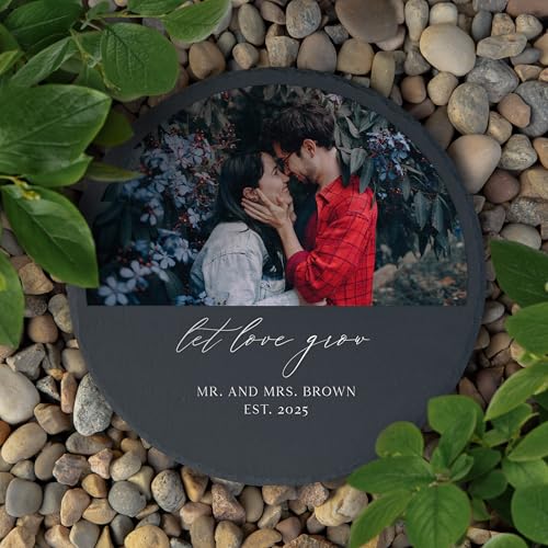 Weddingstar Custom Photo Printed 9 ⅞" Round Black Slate Garden Stone - Scripted Beginnings - color: Scripted Beginnings