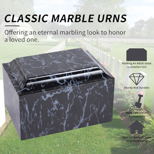 Black Classic Cultured Marble Cremation Urn for Adult Ashes, Adult Sized Memorial Urn for Ground Burial or Home Memorial - size: Black