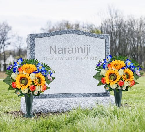 Artificial Cemetery Flowers for Grave Decorations: Sunflower, Rose, Cattleya Bouquet with Vase – Ideal for Sympathy & Memorial Tributes