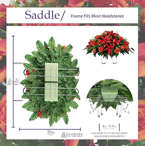 Sympathy Silks 30" Headstone Flower Saddle Artificial Cemetery Flowers - Gravesite Flowers - Fire Red Lily, Rose, and Daisies - color: Fire Red, size: Saddle
