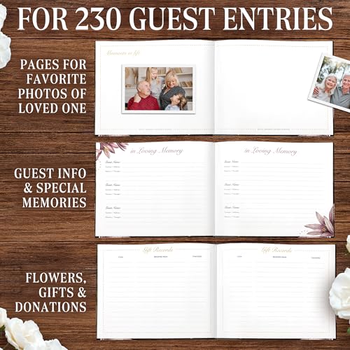 Hardcover Funeral Guest Book with Photo Slot – 9x7 Inch Memorial Sign-In Book, In Loving Memory Keepsake with Gold Stamping, 96 Pages, Ribbon Bookmark & Pen – Elegant Tribute for Celebration of Life