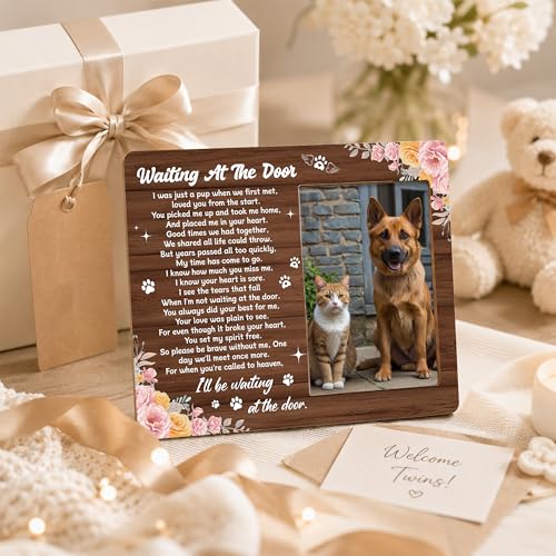 Pet Dog Cat Memorial Photo Frame - Waiting At The Door Dogs Wooden Tabletop Picture Frame - Sympathy Memorial Gifts For Loss Of Dog Cat Owner - In Loving Memory Pink Floral Frames Favors -05 - style: Floral