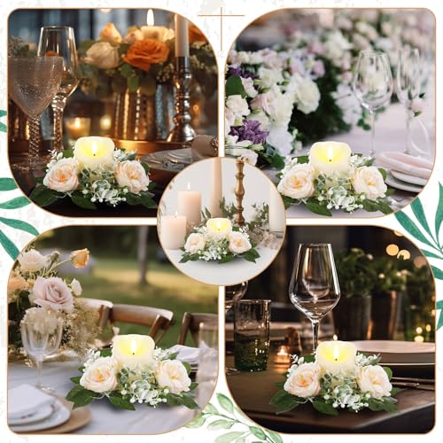Yunlly 16 Set Rose Candle Rings Wreaths 3 Inch Center with Flameless LED Candles Artificial Rose Light Garland Fake Electric Votive Tealights Bulk Funeral Wedding Table Centerpieces Decor(Champagne) - color: Champagne