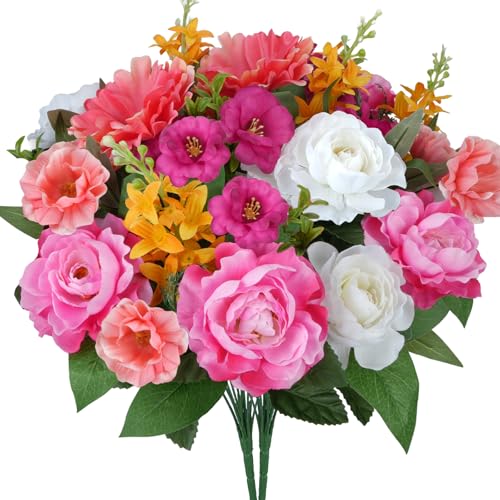 2Pcs Cemetery Flowers for Grave Pink Fake Hibiscus Flowers with Rose | 21.6" Silk Flower Arrangements for Cemetery Garden Wedding Table Centerpieces Home Indoor Outdoor Decor