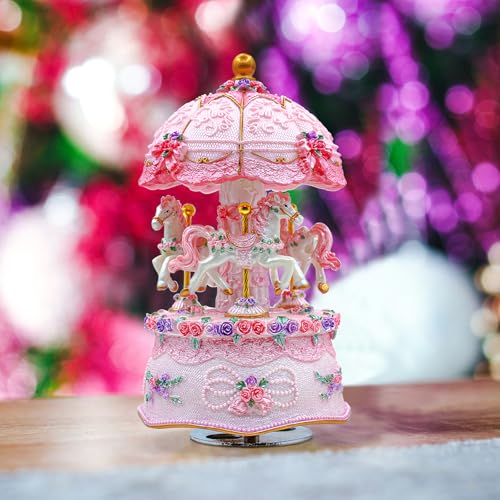 Carousel Music Box,Luxury Color Change LED Light ,Luminous Rotating 3-horse | Luminous Music Box, musical box with Gift Box for Girls Birthday Valentine Gift (Castle in the Sky, Pink) - color: Pink, style: Castle in the Sky