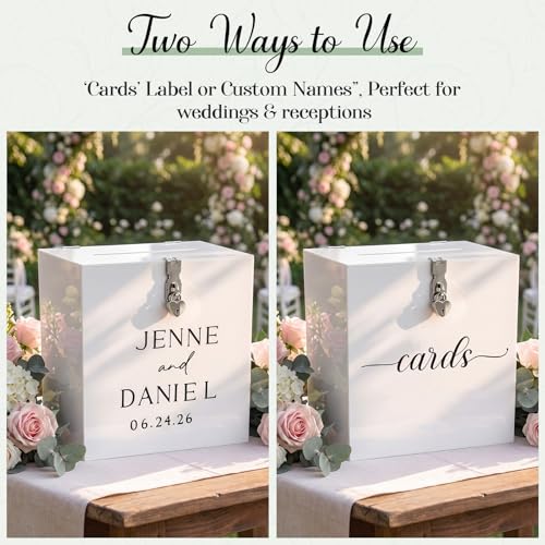 Novabright 10 Inches Wedding Acrylic Card Box with Slot Lock and Last Name Transfers Money Box for Bridal Shower Wedding, Baby Shower Birthday Party, No Assembly Needed(White,Elegant Style) - color: White, style: Elegant Style