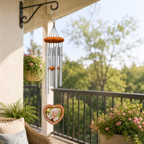 34 Inch Memorial Wind Chimes for Outside, Wooden Photo Frame Heart Pendant - color: Silver