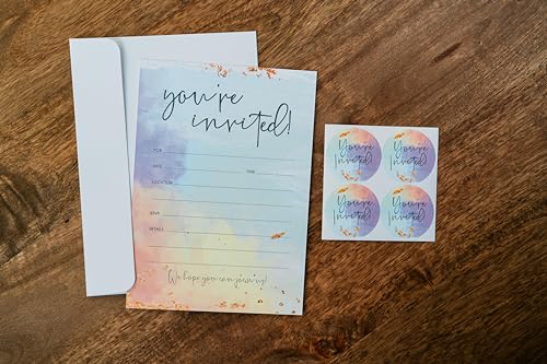 Paper 'n Such Blank Party Birthday Invitations With Envelopes For All Occasions, Set of 25 - Weddings, Bridal Showers, Engagement, Graduation, Fill In Colorful Watercolor Invites -Kids or Adults