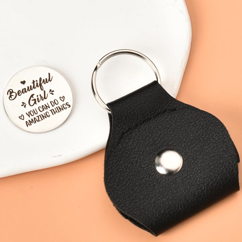 Inspirational Gifts Token Keychains for Girls Daughter Birthday Graduation Gift for Girlfriend Niece Christmas Gifts, Beautiful Girl You Can Do Amazing Things PU Leather Keychain Engraved - color: Beautiful Girl