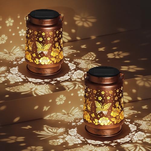 Butterfly Solar Lanterns Outdoor Waterproof Rose Garden Decor Gifts for Women Mom Grandma Hanging Solar Lights Metal Solar Decoration Outside for Yard,Patio,Backyard,Porch - style: C. 1 Pack Rose Butterfly Lantern