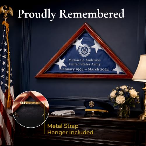 Personalized Flag Display Case for 5' x 9.5' Flag – All Military Branches Available, Veteran Memorial Display Case with Glass Front - size: Mahogany