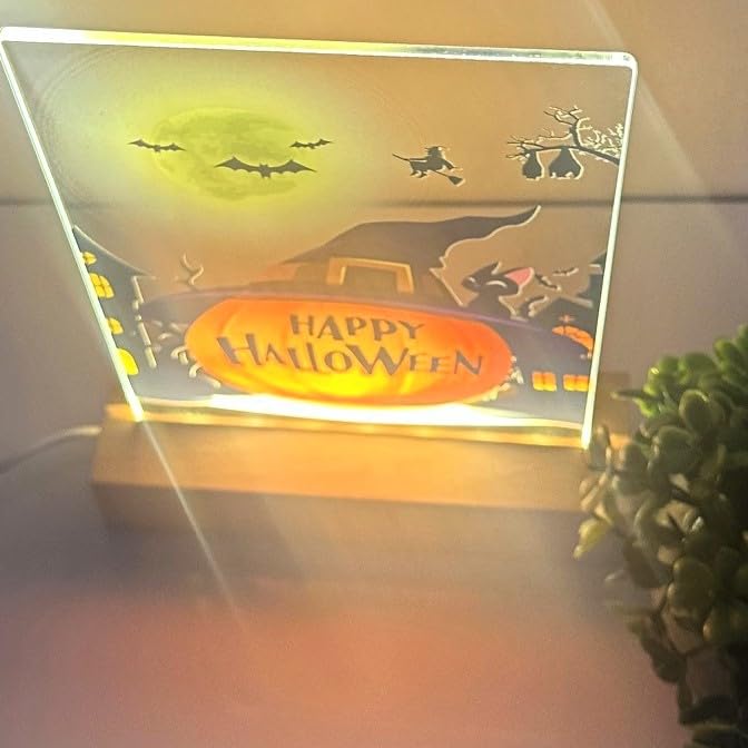 MIRROR MANIA Happy Halloween Pumpkin Wood Base LED Night Light - Custom Gift for Mom, Dad, Brother, Friend, Sister, Nursery, Kid's Room Decor, Holiday Party, Halloween Home Decor, Made in America