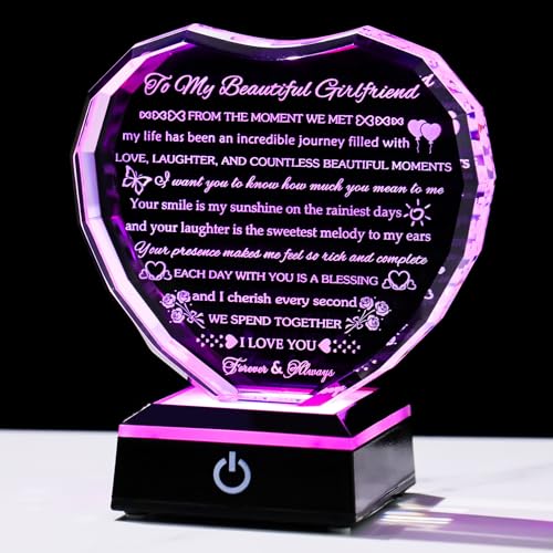 Arikyrist Gifts for Girlfriend with Colorful Base Girlfriend Anniversary Birthday Gifts from Boyfriend Crystal Heart Keepsake to My Girlfriend Romantic I Love You Gifts on Valentine Christmas - style: Girlfriend Gifts + Light Base