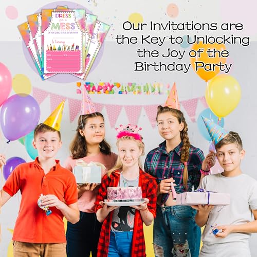 Invitations for Girls Boys - Art Painting Bday Invites with Envelopes(25-Count) - Paint Craft Fill-in Invite Cards for Party Supplies Favors Decorations - F18 - style: Dress for a Mess