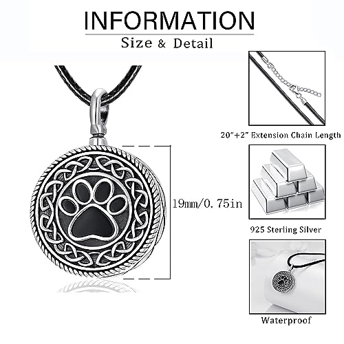 Dreamboat Pet Urn Necklace for Dog Cat Ashes 925 Sterling Silver Paw Print Cremation Keepsake Pendant Celtic Knot Memorial Jewelry Gifts for Women Men - style: 01A-Round (Silver)